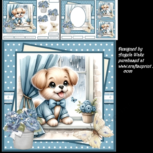 Puppy waiting for the rain to stop, 7x7 card and decoupage, insert and toppers