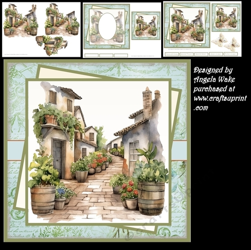 Village in spring 7x7 card, sentiment tiles, topper, decoupage, insert and topper