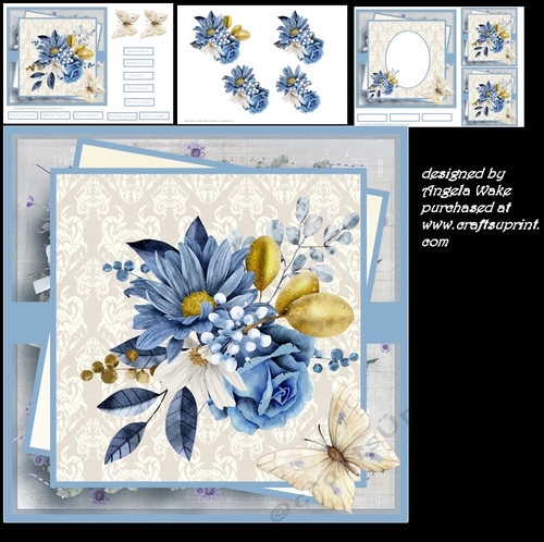 Blue flowers 7x7, sentiment tiles, decoupage, insert and toppers