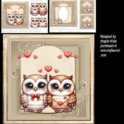 Owls in love 7x7 card with sentiment tiles and decoupage, insert and toppers