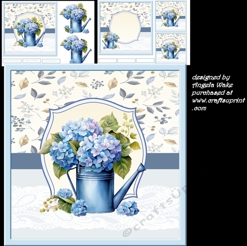 Watering can of blue flowers 7x7