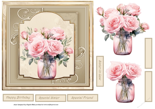 Vase of pink roses 7x7