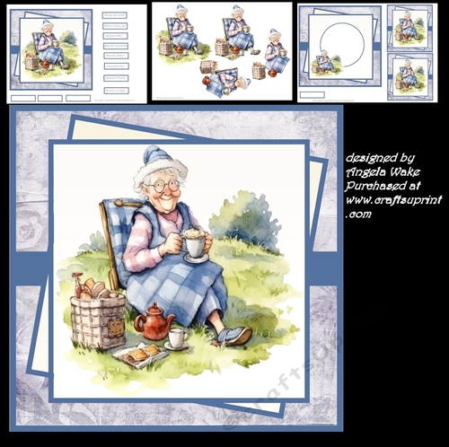 Grandma having a picnic 7x7, decoupage, insert and toppers