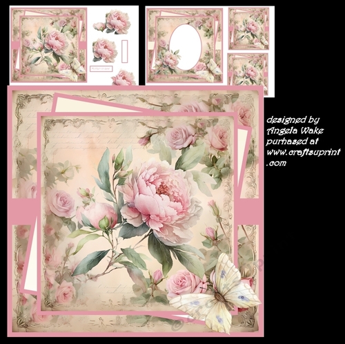 pink wild rose 7x7 decoupage and sentiment tiles, insert and toppers