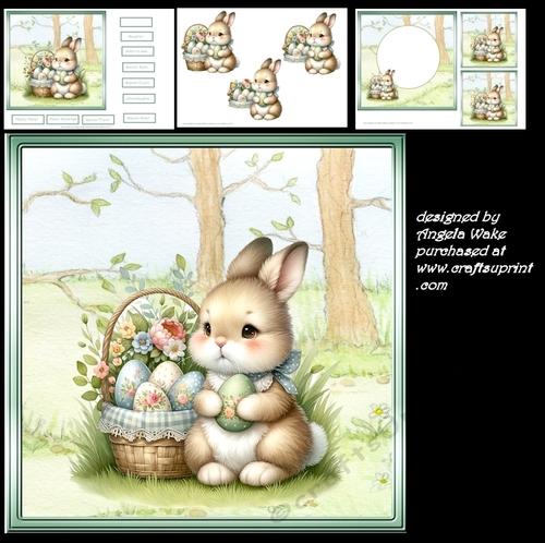 Rabbit with a basket of Easter eggs 7x7, decoupage, insert and toppers