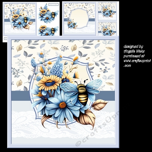 Blue flowers and busy bee 7x7 ,decoupage and sentiment tiles. Insert and toppers