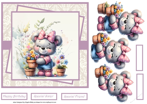 Bear tending her flower pots 7x7