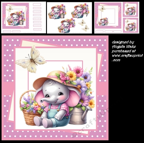 Elephant with flowers 7x7, sentiment tiles, decoupage, insert and toppers