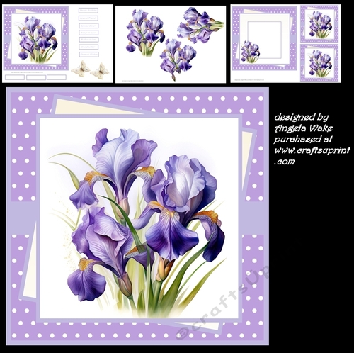 Purple iris 7x7, sentiment tiles, decoupage, insert and toppers