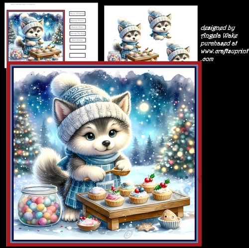 Winter wolf baking cakes 7x7, sentiment tiles, decoupage