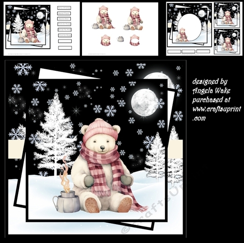Polar bear keeping warm 7x7 card, decoupage, insert and toppers