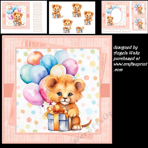 Baby lions birthday 7x7 card, decoupage, insert and toppers