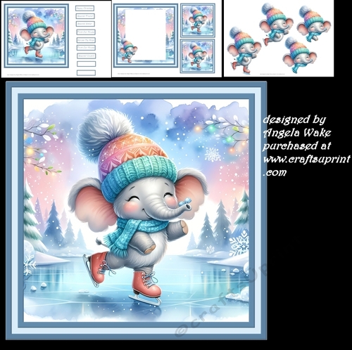 Elephant ice skating 7x7, decoupage, insert and toppers