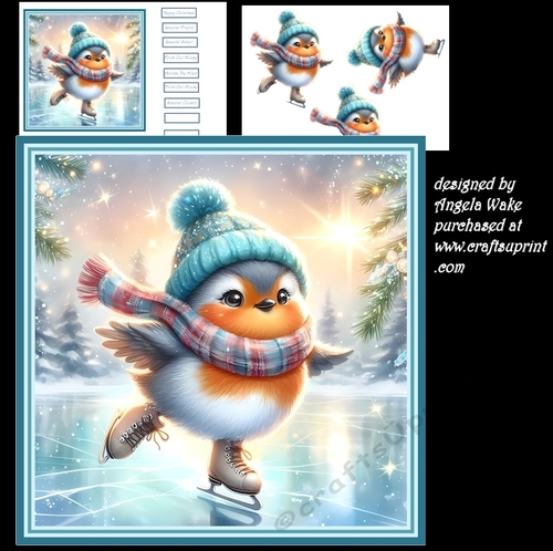 Skating robin 7x7 card and sentiment tiles and decoupage