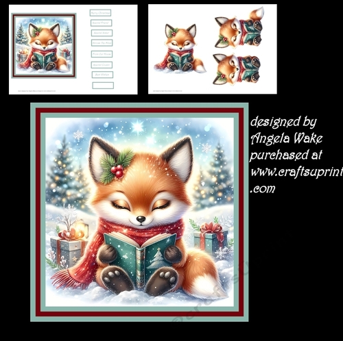Red fox reading a Christmas book 6x6, and decoupage