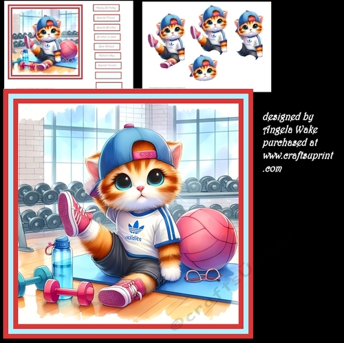 Kitten workout at the gym 7x7 card, sentiment tiles and decoupage