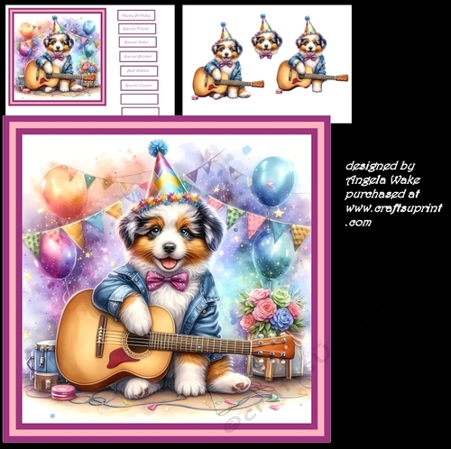Dog plays a tune 7x7, sentiment tiles and decoupage