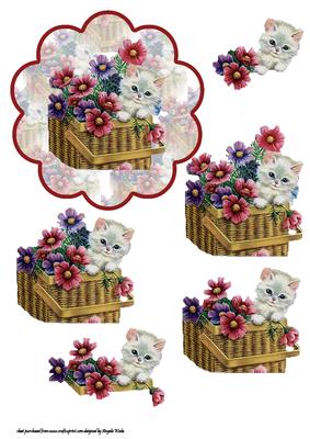 Fluffy White Kitten in a Basket of Flowers