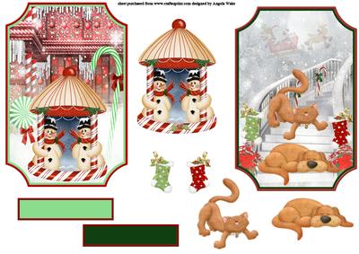 Snowmen, Dog and Cat Waiting for Santa