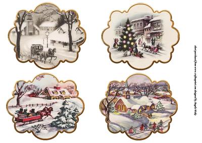 Four Vintage Christmas Scene Toppers