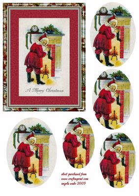 Santa Filling the Stocking Hanging on the Fireplace