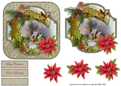 Vintage Holly Robin and Red Poinsettias