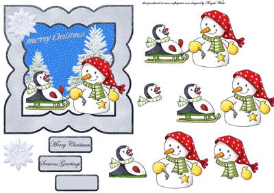 Snowman and Penguin Having Sledging Fun