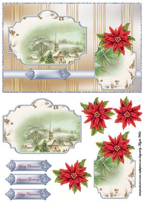 Vintage Church and Poinsettias Panel Card