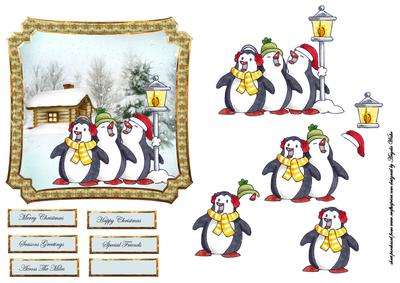Penguin Choir Card Front with Decoupage