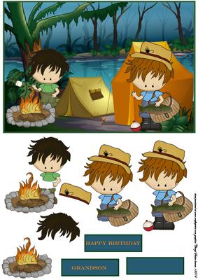 Boy Campers Card Front with Decoupage and Sentiment Tags
