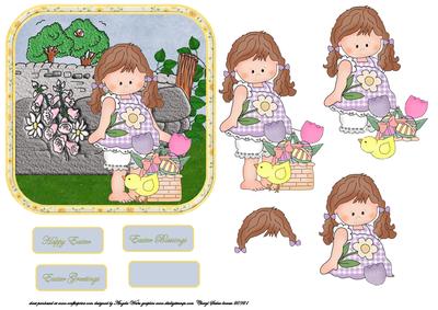 Easter Girl with Her Eggs and Baby Chick Card Front
