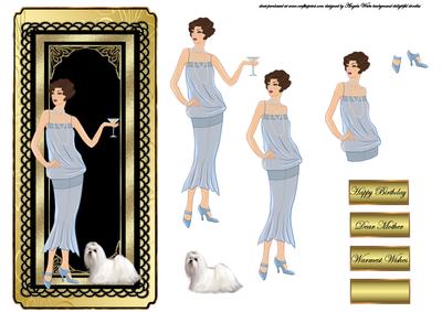 Art Deco Lady in Blue Dress with Her Dog