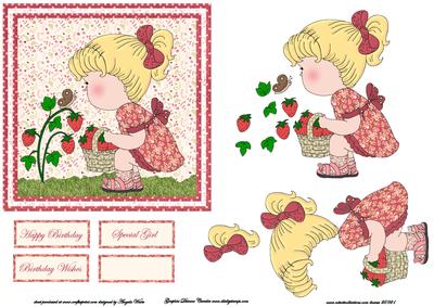 Hello Strawberry Card Front with Decoupage and Sentiment Ta