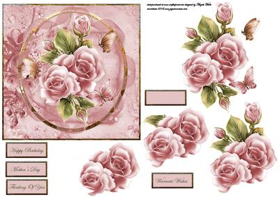 Pink Rose Romance Card Front with Decoupage