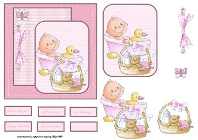 Baby Girl Bath Time Card Front and Topper