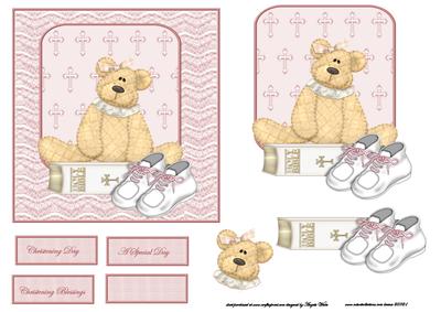 Girl Bear Christening Card Front with Topper and Decoupage