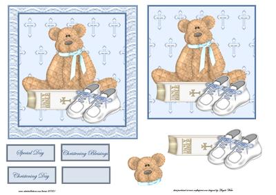 Boy Bear Christening Card Front with Topper and Decoupage