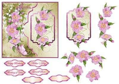 Pink Silk Flowers Card Front with Topper