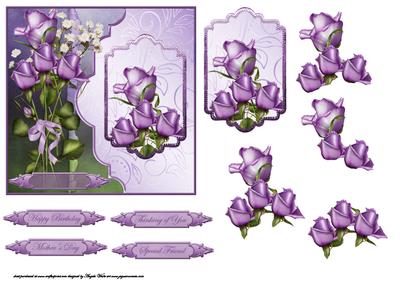 Purple Tea Rose Card Front with Topper and Decoupage