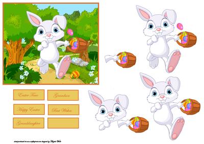 Rabbits Easter Egg Hunt Card Front with Decoupage