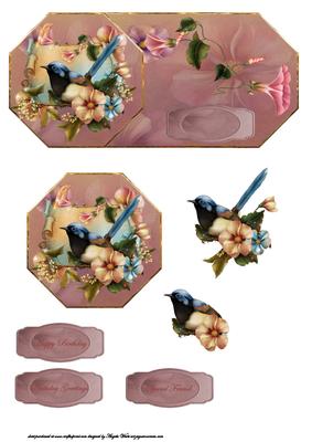 Bird and Blossom Octagon Shaped Card with Topper and Decoupa