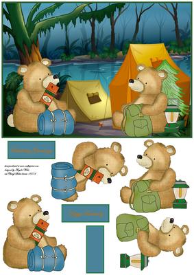 Teddy Bear Campers Card Front with Decoupage and Sentiment T