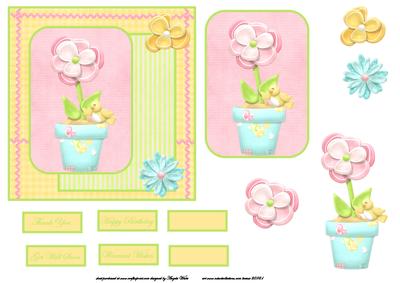Flower in a Pot with a Little Bird Card Front with Topper