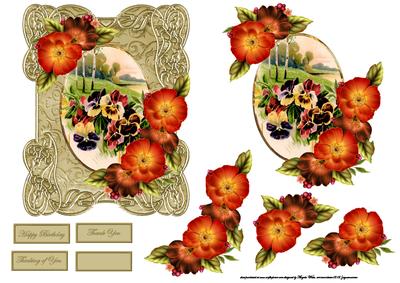 Orange Pansy Card Front with Ornate Frame
