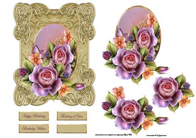 Pink English Rose Card Front in Ornate Frame