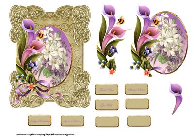 Lily Card Front in Ornate Frame with Topper and Decoupage
