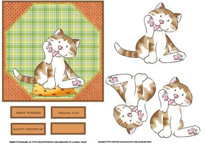 Cat Washing Himself Card Front with Decoupage