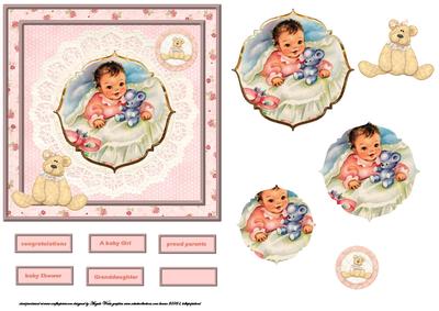 Baby Girl with a Teddy Bear Card Front and Topper