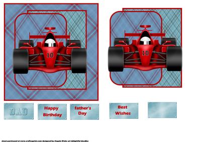 Red Racing Car Card Front with a Topper and Sentiment Tags