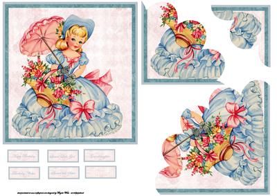 Vintage Girl with Basket of Flowers Corner Scallop